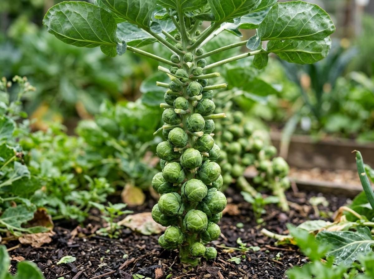 How Long Do Brussel Sprouts Take to Grow showing young plants developing into mature sprout-producing stalks.