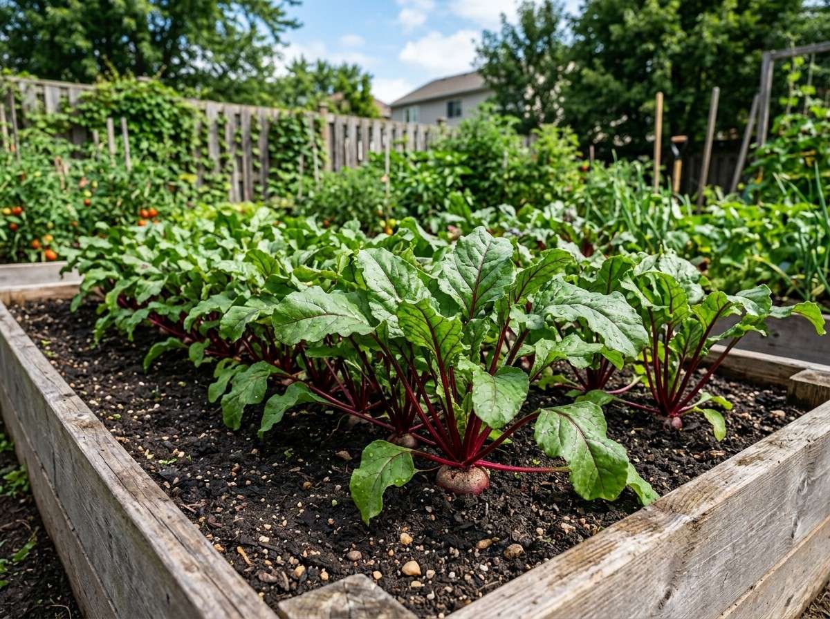 How to Grow Beets showing healthy beet seedlings growing in a raised garden bed under full sun.