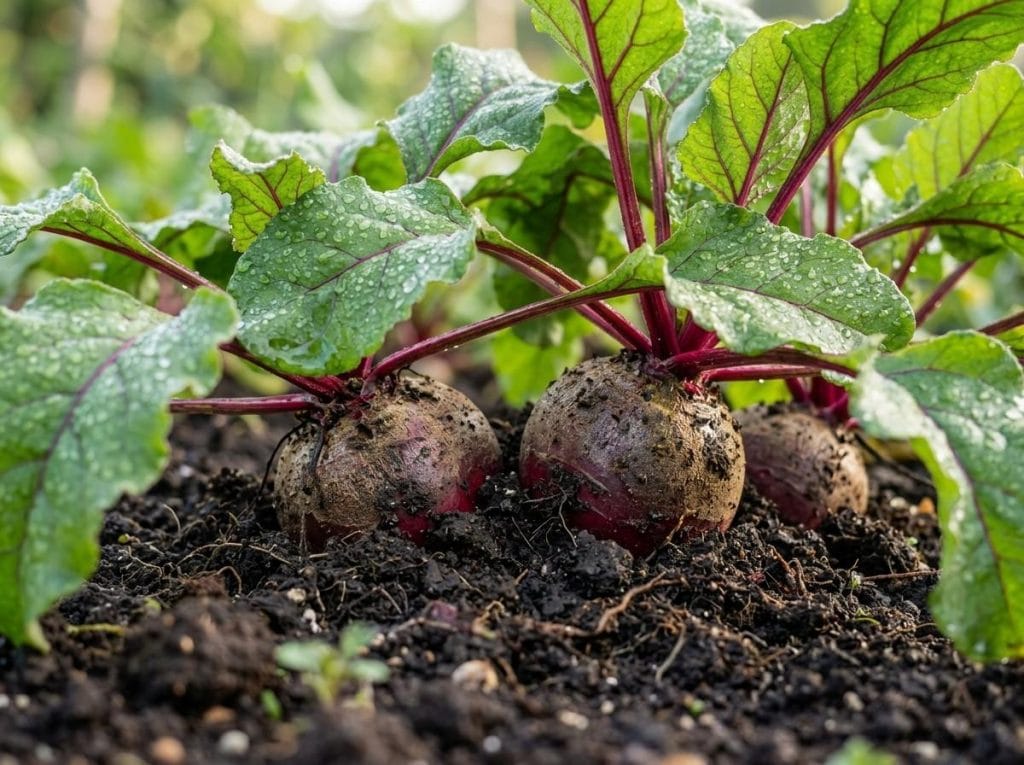 How to Grow Beets with lush green beet tops and developing roots in a backyard vegetable garden.