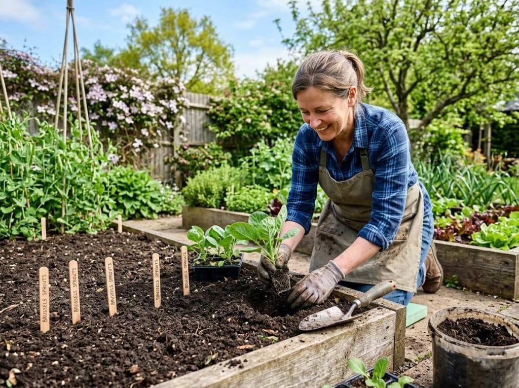 How to Grow Brussel Sprouts in a raised garden bed with proper spacing and regular watering.