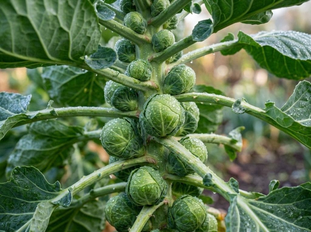 How to Grow Brussel Sprouts showing healthy plants producing firm sprouts along thick green stalks.
