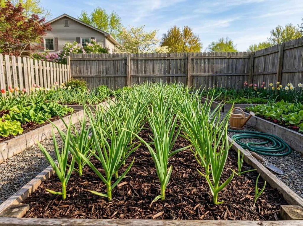How to Grow Garlic in Ohio in a raised garden bed using rich organic soil and full sunlight.
