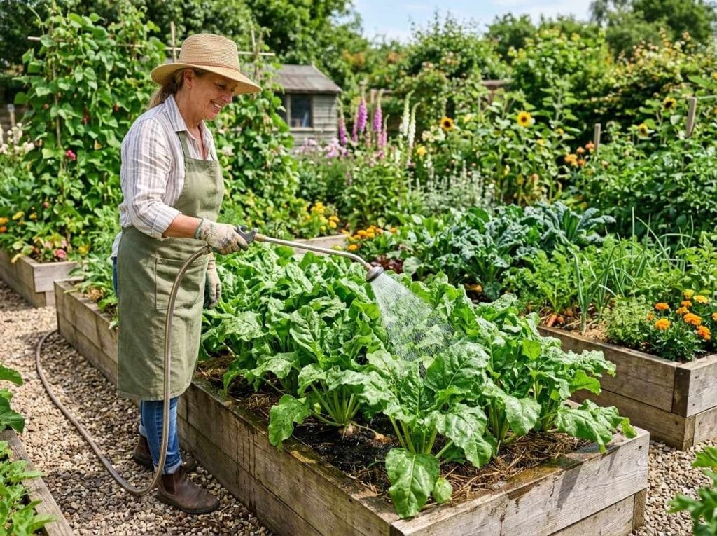 How to Grow Sugar Beets with lush green tops and developing sugar beet roots in a backyard vegetable garden.
