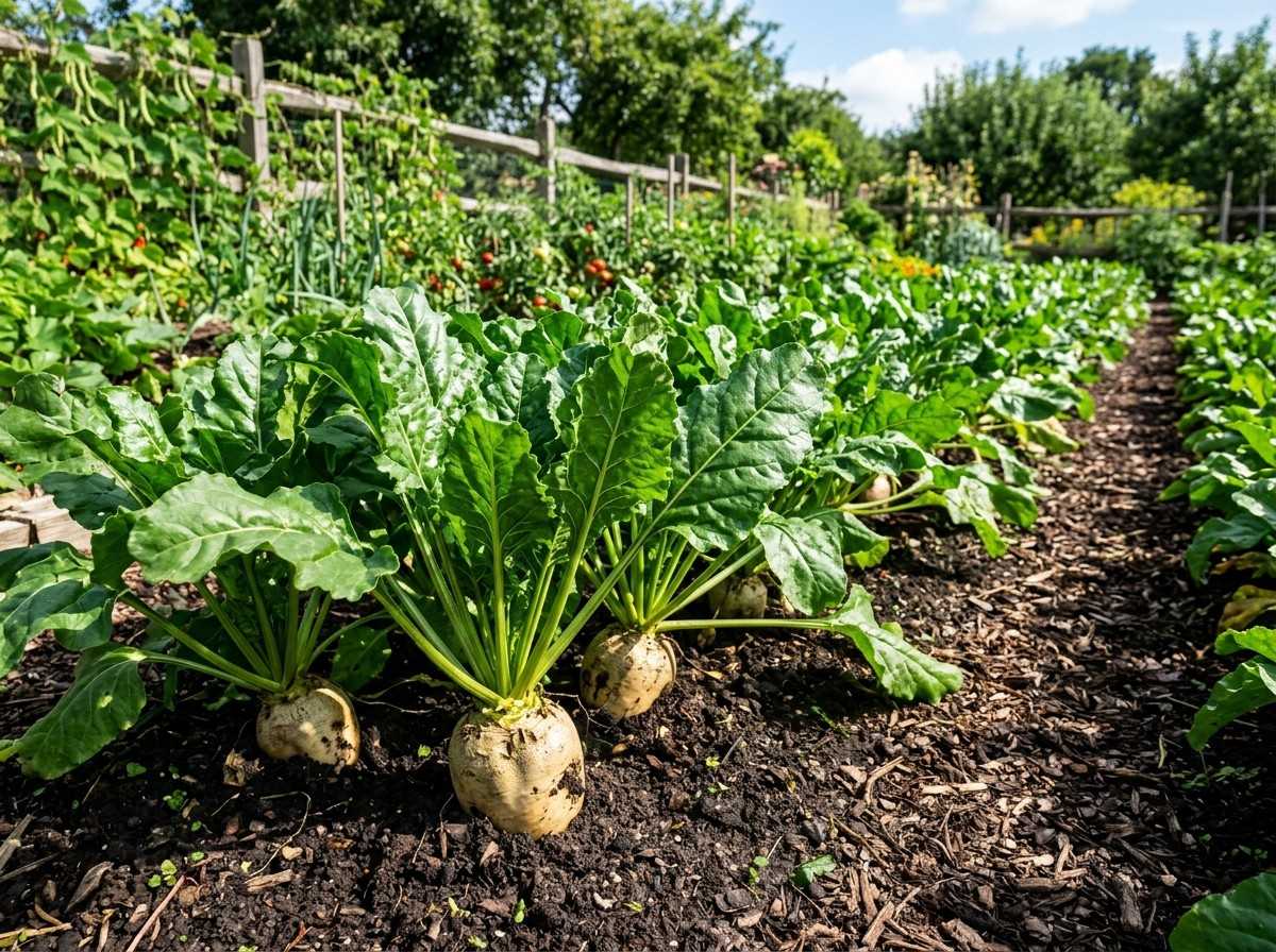 How to Grow Sugar Beets showing healthy sugar beet seedlings growing in a raised garden bed under full sun.