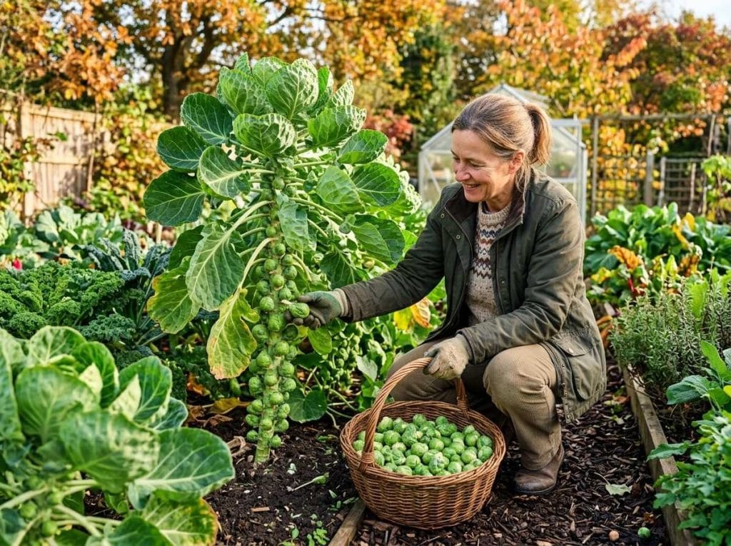 How to Harvest Brussel Sprouts by picking mature sprouts from the bottom of the stalk in a backyard garden.