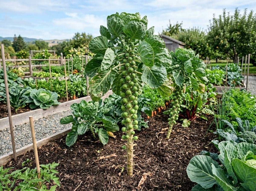 How to Harvest Brussel Sprouts showing a gardener harvesting firm sprouts from healthy green plants.