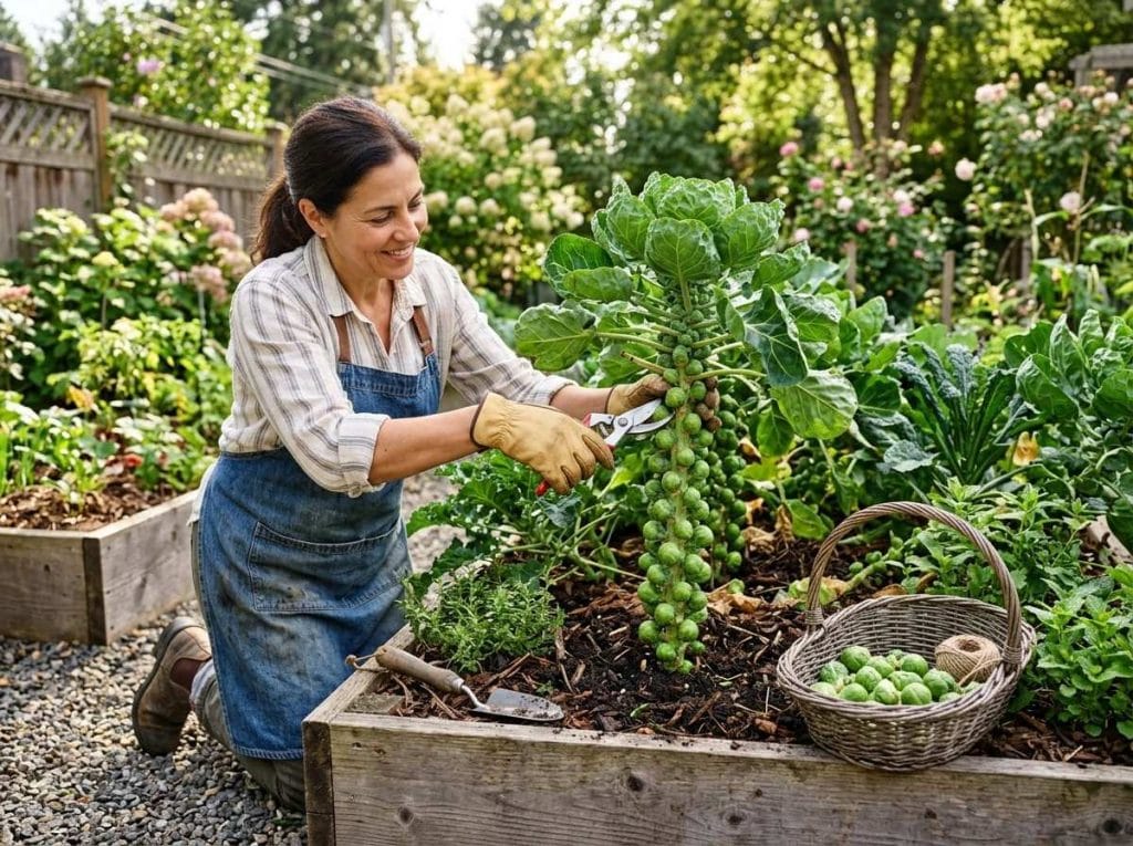 How to Harvest Brussel Sprouts with mature sprouts growing on sturdy stalks in a raised garden bed.
