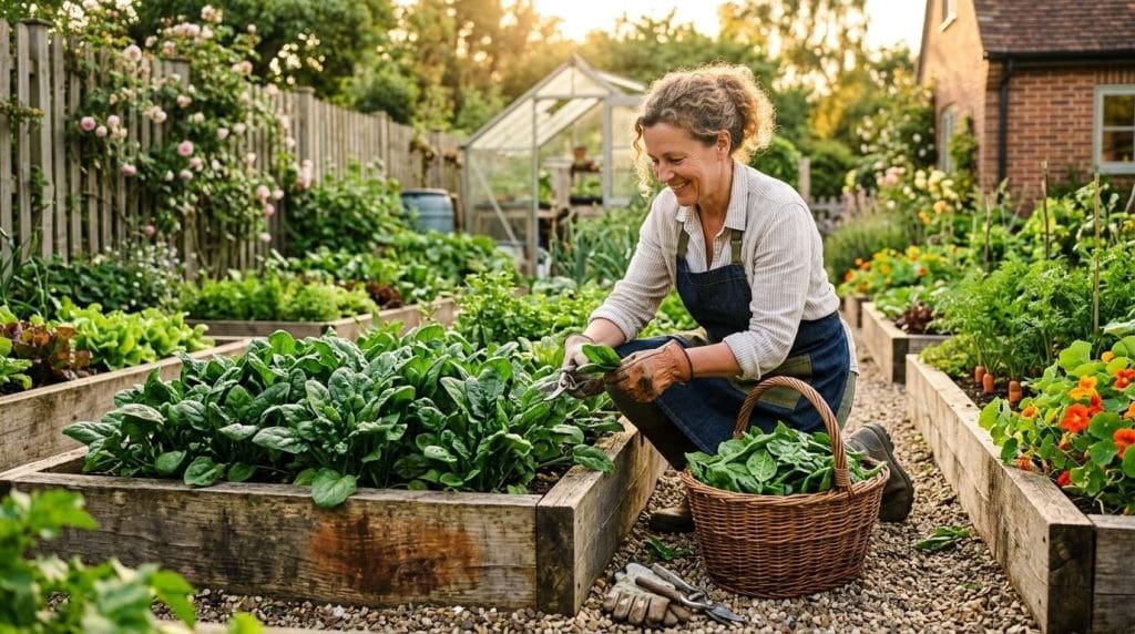 How to Harvest Spinach with healthy green spinach plants growing in fertile, well-drained soil.