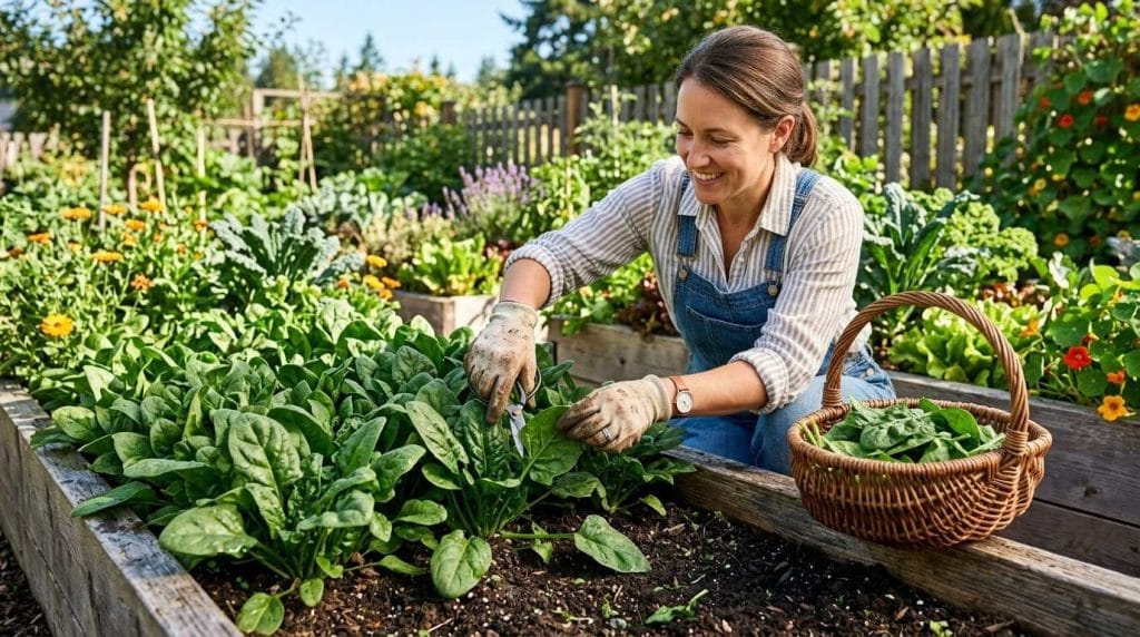 How to Harvest Spinach by cutting mature spinach leaves with clean garden scissors in a backyard garden.