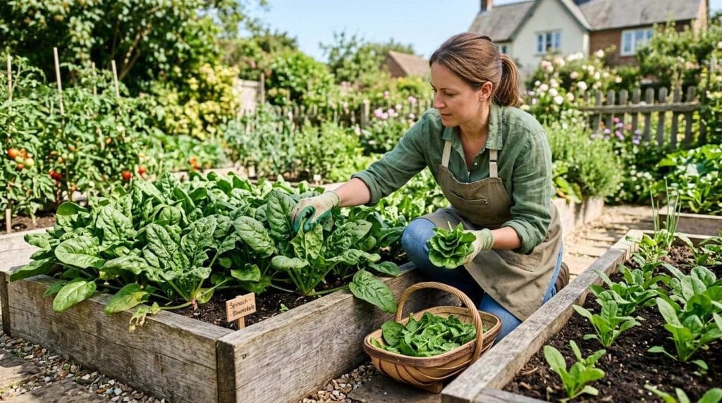 How to Harvest Spinach showing fresh spinach leaves ready for picking in a raised garden bed.