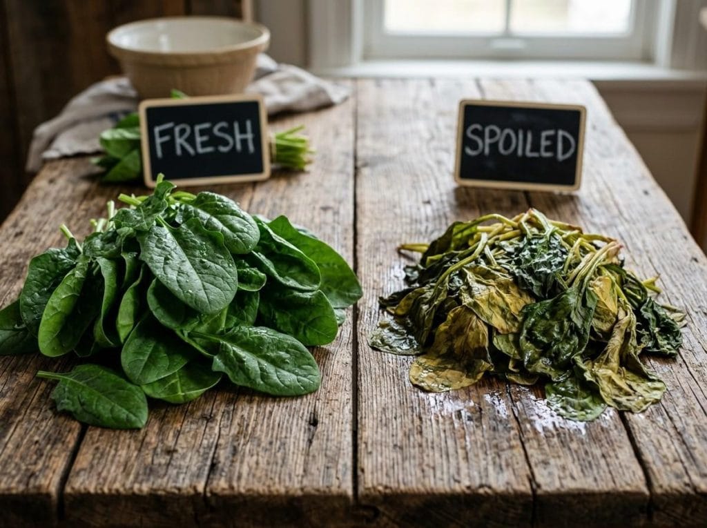 How to Know When Spinach is Bad showing fresh spinach beside spoiled spinach for easy comparison.
