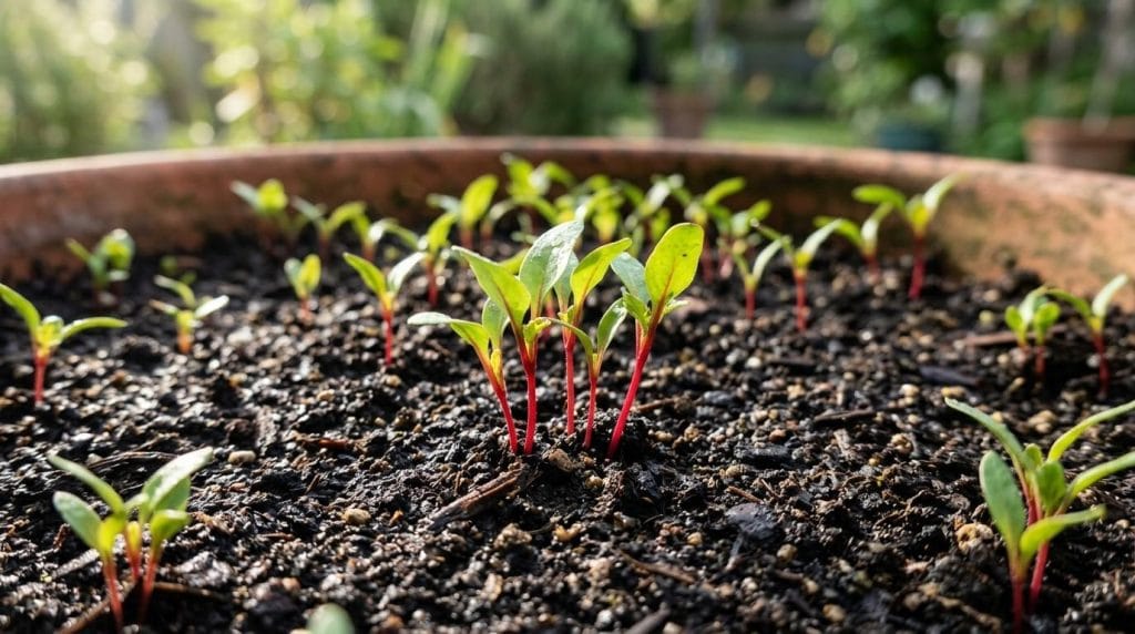 How to Plant Beets in Containers showing a gardener planting beet seeds in large containers on a sunny patio.