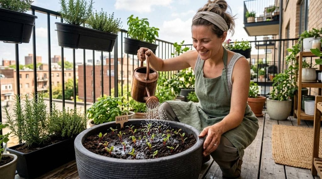 How to Plant Beets in Containers with young beet seedlings growing in nutrient-rich soil and proper drainage.