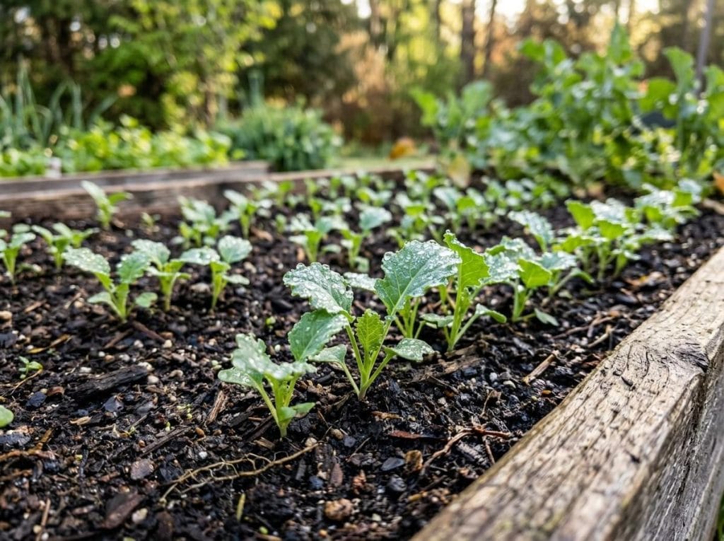How to Plant Kale Seeds showing a gardener planting kale seeds in a raised garden bed.