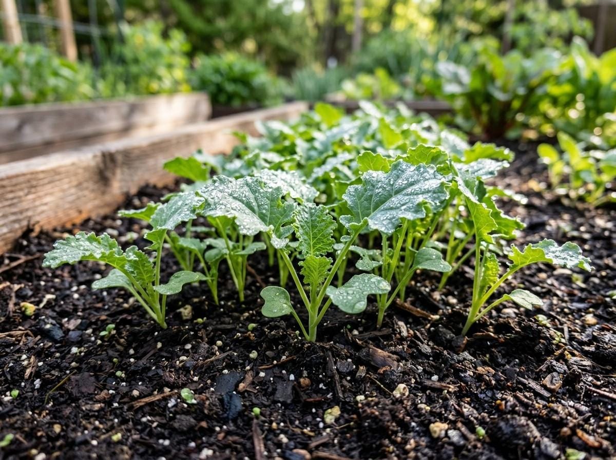 How to Plant Kale Seeds with young kale seedlings growing in nutrient-rich soil under full sun.