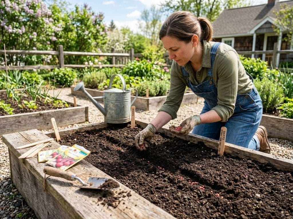 How to Plant Red Beets showing a gardener planting beet seeds in a raised garden bed.