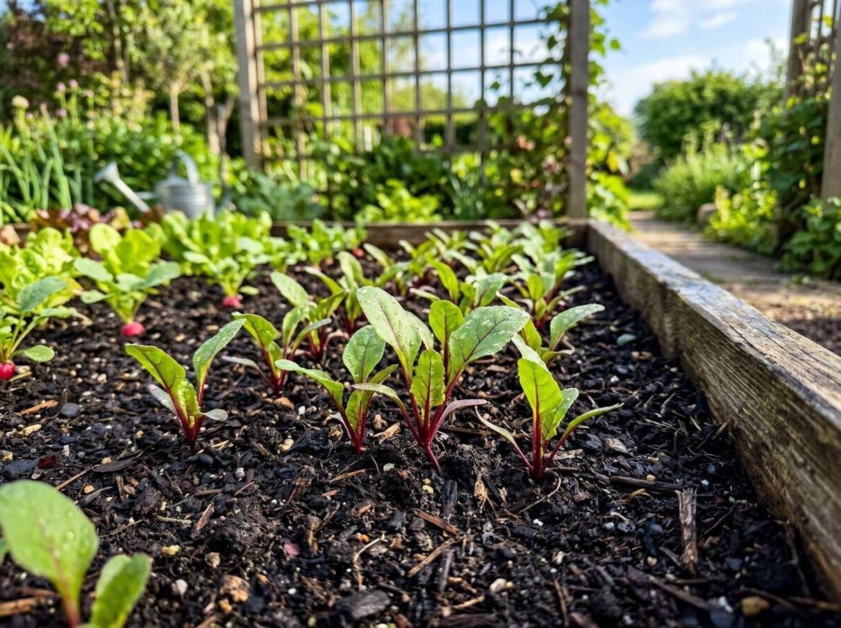 How to Plant Red Beets with young beet seedlings growing in rich garden soil under full sun.