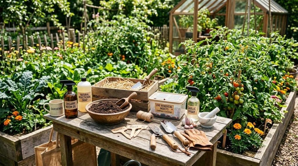 Organic Solutions for Garden Plant Problems showing homemade organic spray applied to garden plants.
