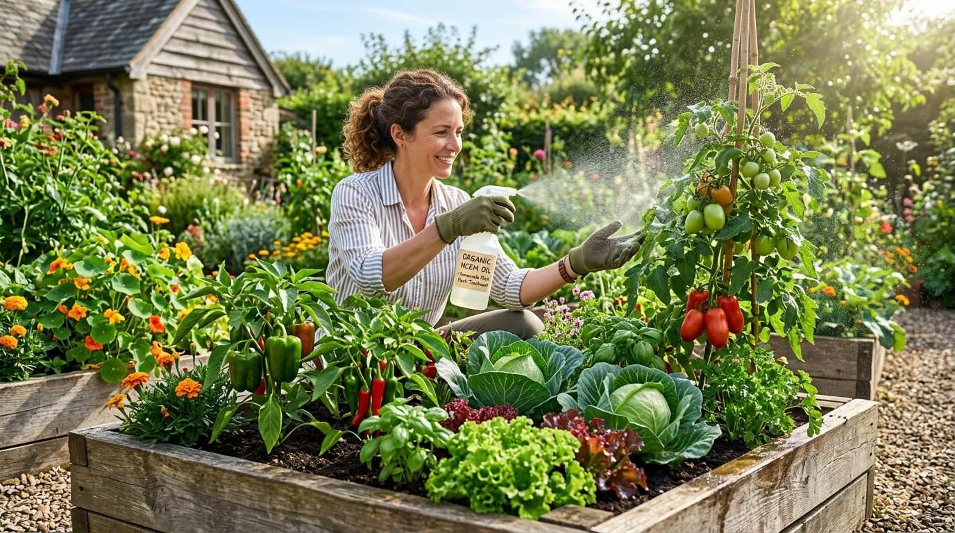 Organic Solutions for Garden Plant Problems featuring companion planting and organic mulch in a thriving garden.