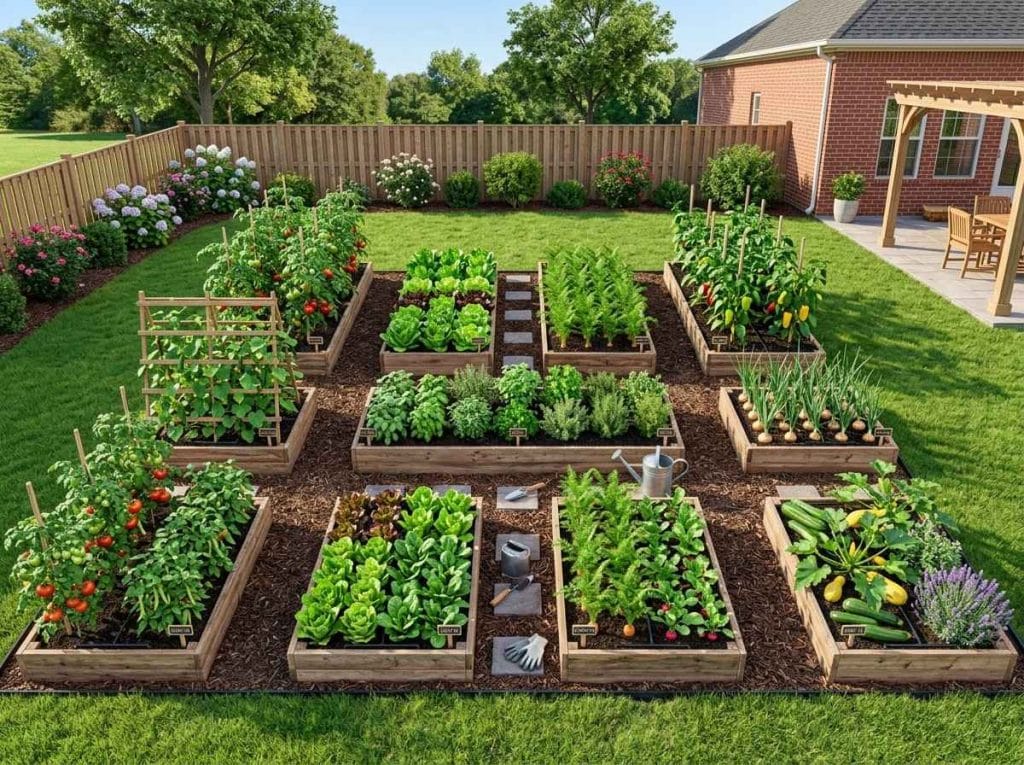 Raised Bed Vegetable Garden Layout Plans showing organized raised beds with vegetables planted in neat rows.