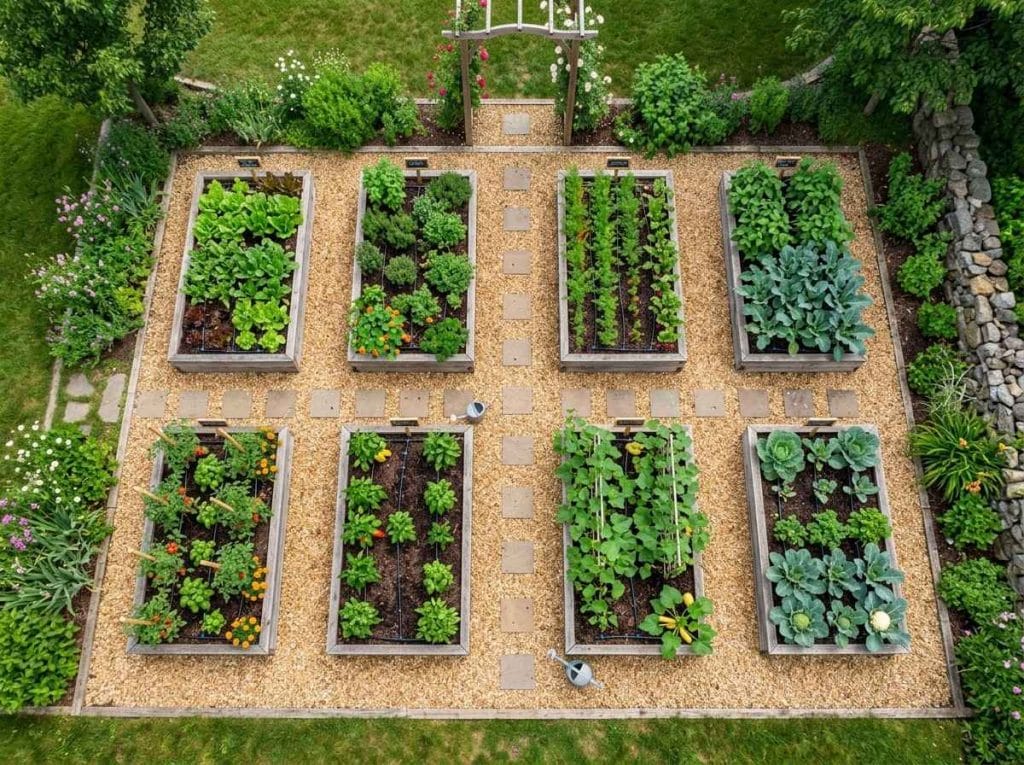 Raised Bed Vegetable Garden Layout Plans featuring a productive backyard garden with multiple wooden raised beds.