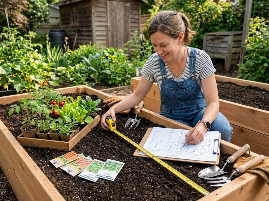 Raised Bed Vegetable Garden Layout Plans with companion planting and clearly arranged planting sections.
