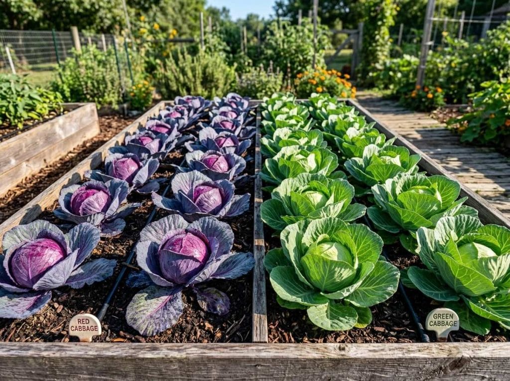 Red Cabbage Vs Green Cabbage comparison showing fresh red and green cabbage heads side by side.