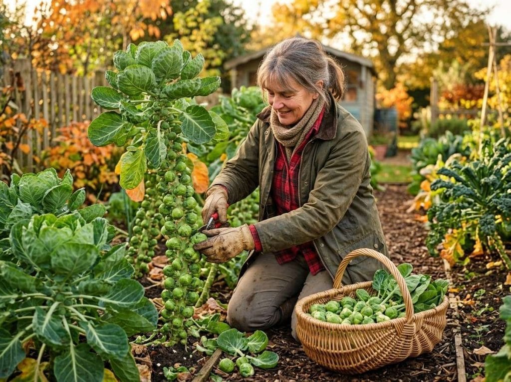 Season for Brussel Sprouts in raised garden beds with lush green foliage under cool weather conditions.