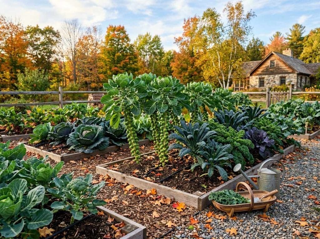 Season for Brussel Sprouts showing healthy plants growing during the cool fall gardening season.
