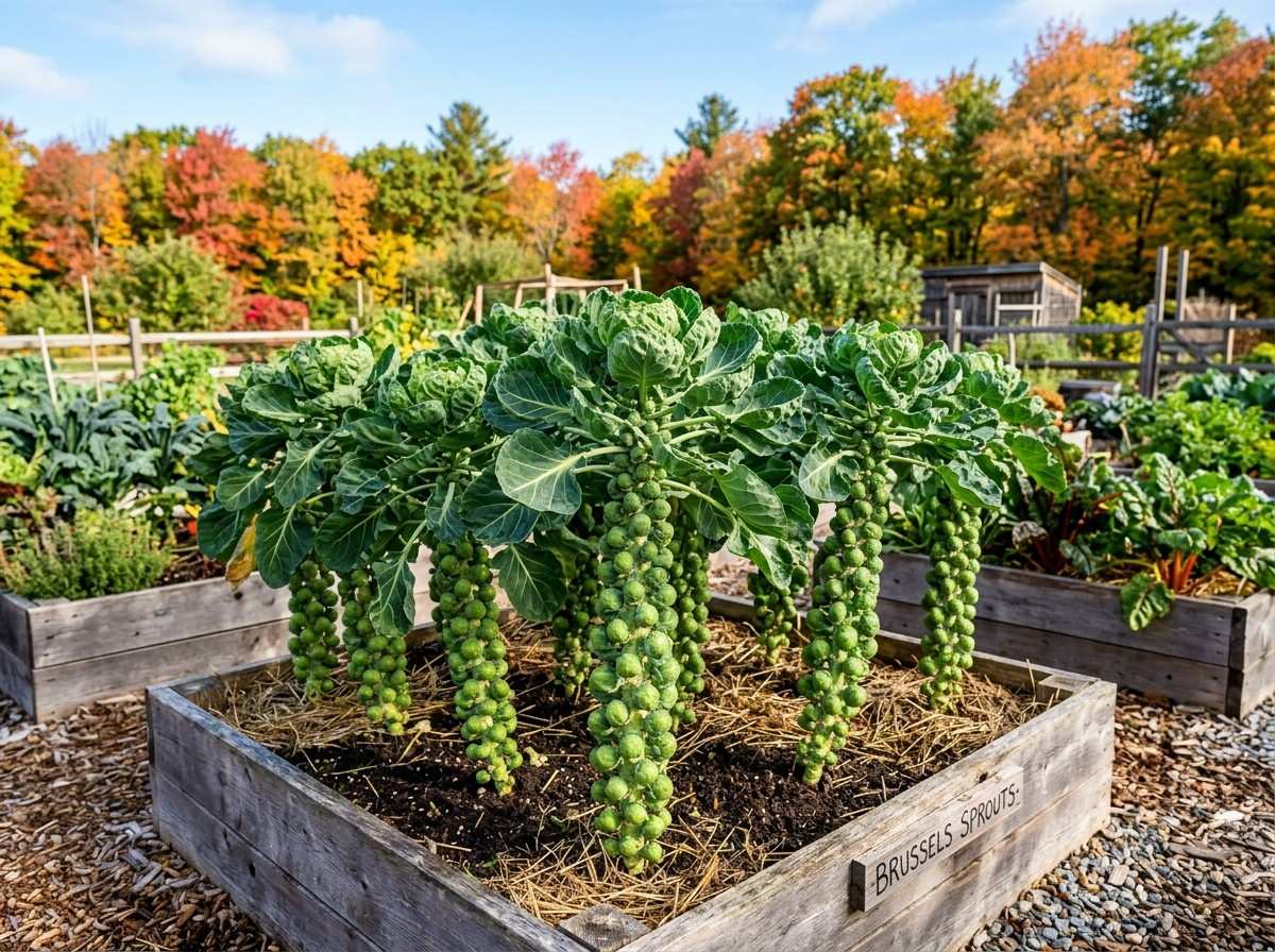 Season for Brussel Sprouts with mature sprouts developing on sturdy stalks in a backyard vegetable garden.