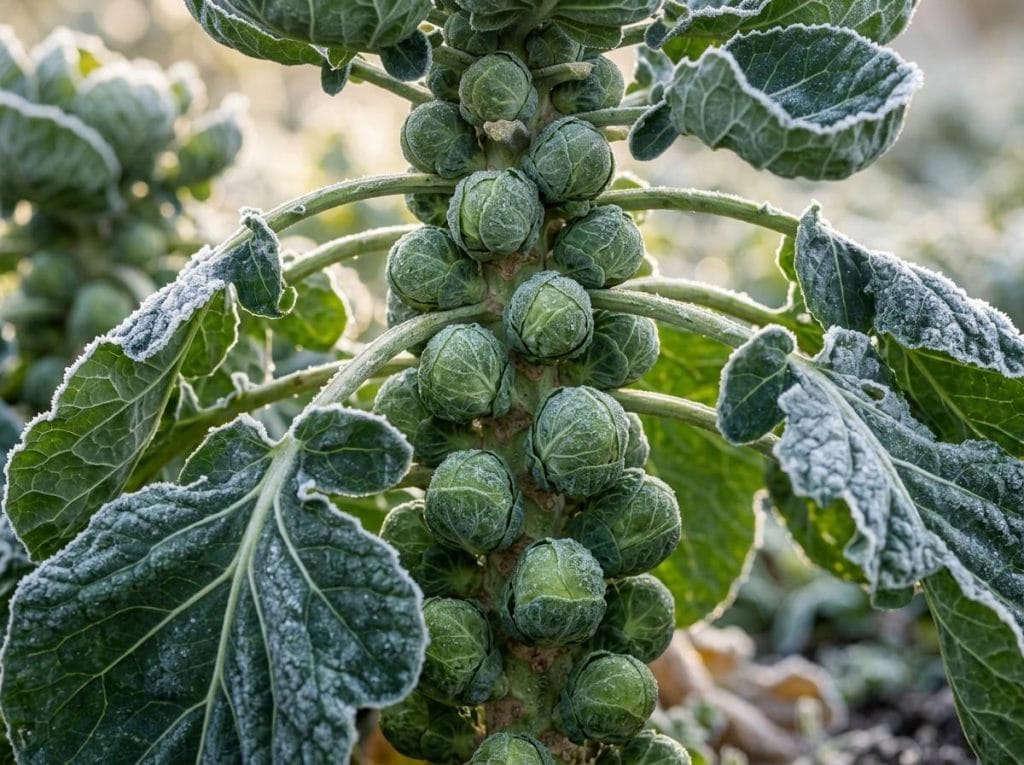Season for Brussel Sprouts featuring a productive garden ready for harvesting fresh Brussels sprouts.