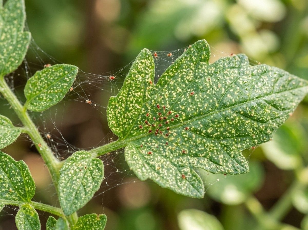 Spider Mite White Spots on Plant Leaves featuring close-up damage caused by spider mites on plant foliage.