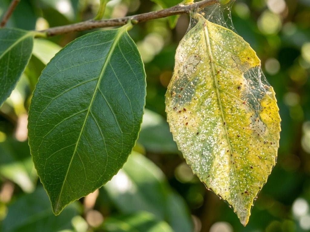 Spider Mite White Spots on Plant Leaves with a gardener inspecting infested leaves for early signs of spider mite damage.
