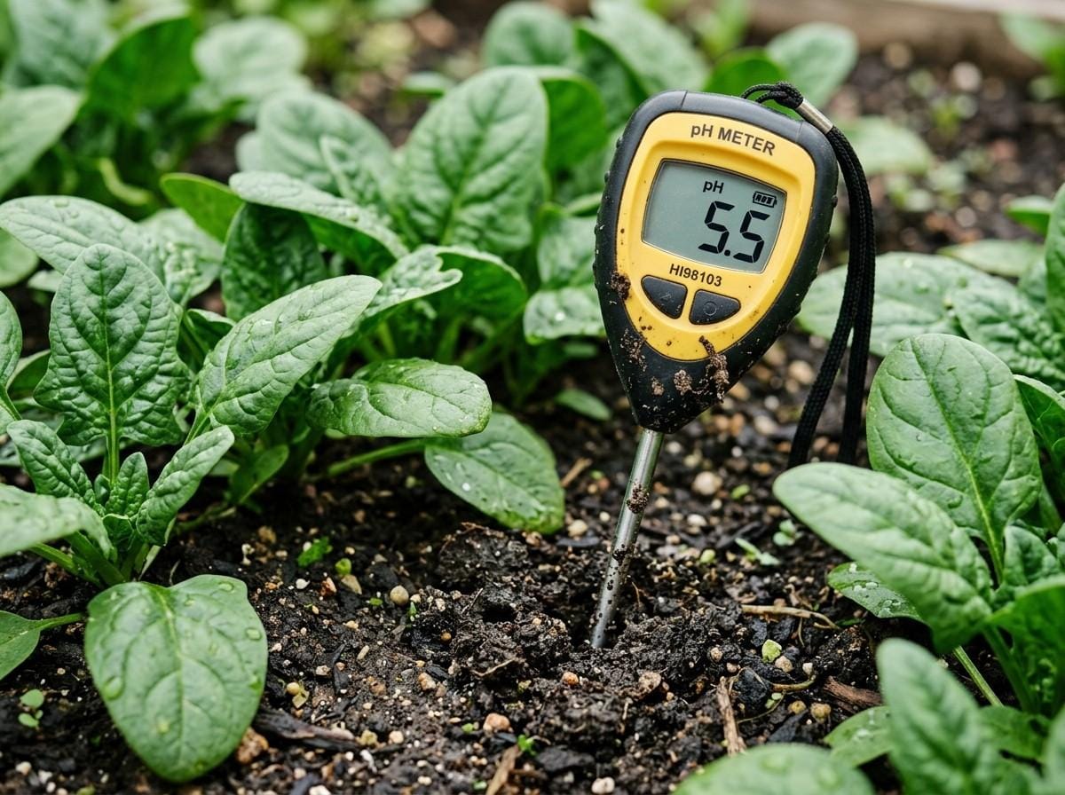 Spinach Soil Ph Tolerance 5.5 with soil testing kit and thriving spinach plants