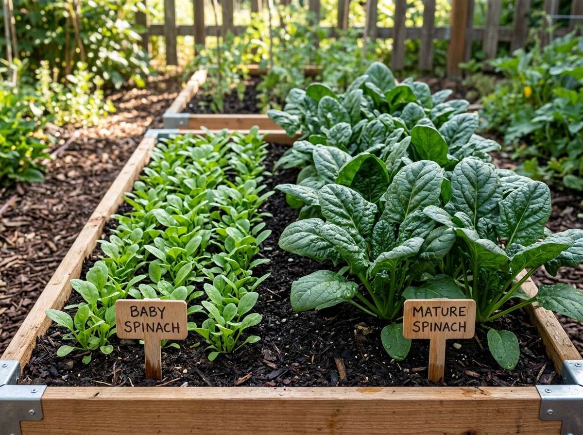 Spinach vs Baby Spinach displayed on a wooden table for comparing flavor, appearance, and uses.