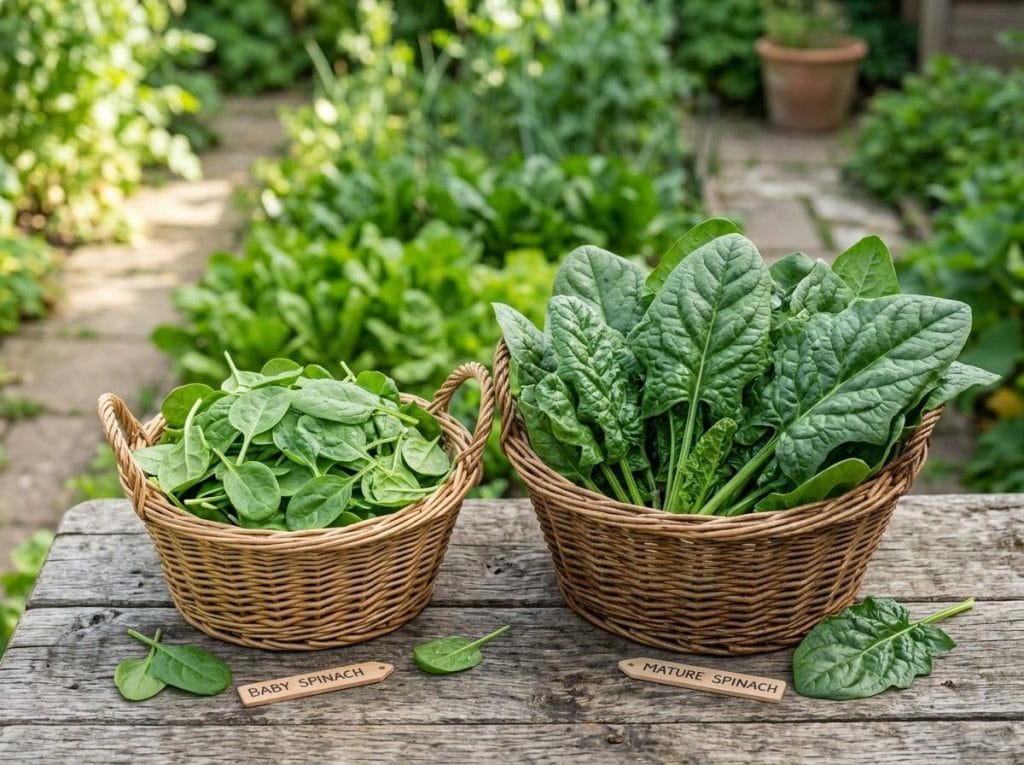 Spinach vs Baby Spinach growing side by side in a healthy backyard vegetable garden.