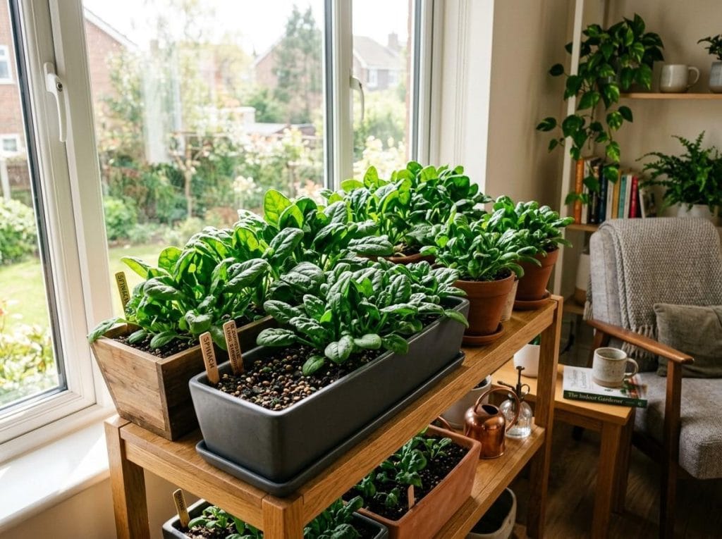 Growing Spinach Indoors with lush green leaves ready for a fresh home harvest