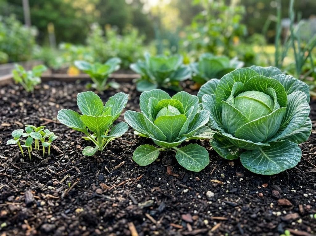 Stages of Cabbage Growth illustrating each development phase in fertile, well-drained garden soil.