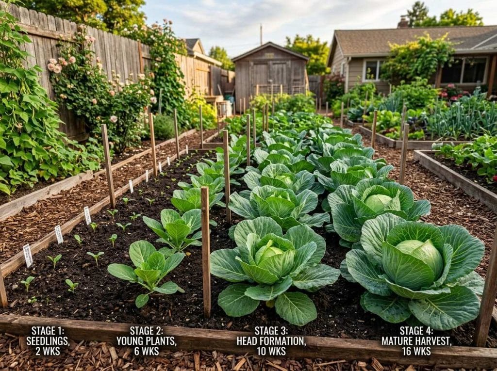 Stages of Cabbage Growth showing cabbage plants from seedlings to mature heads in a backyard vegetable garden.