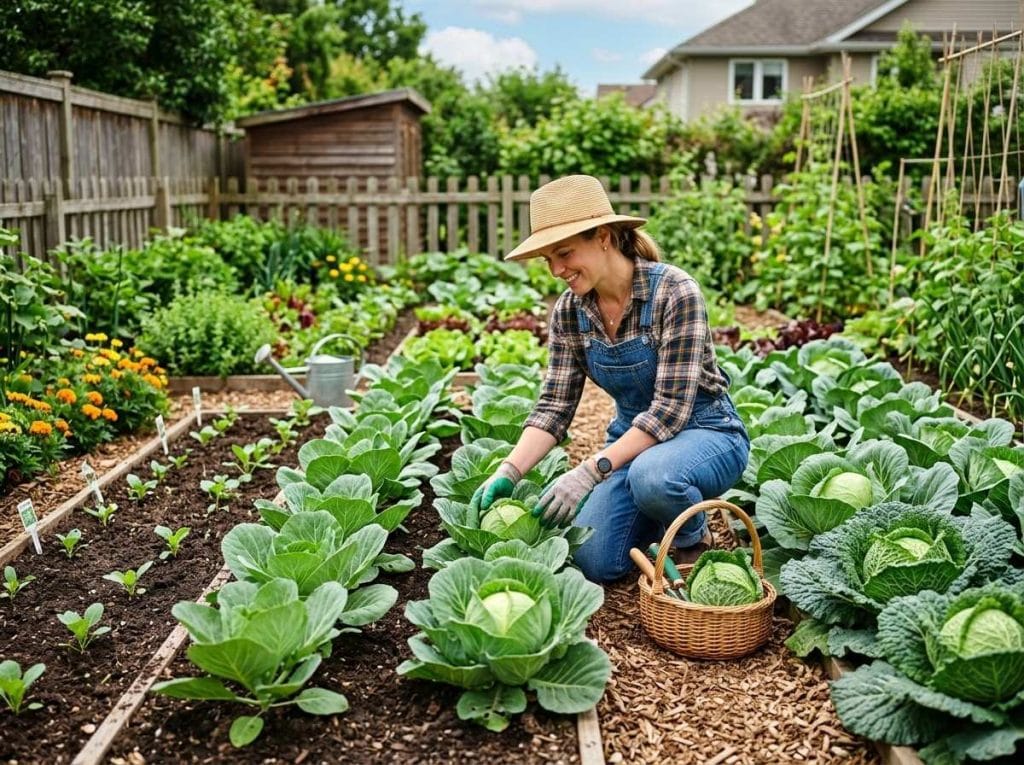 Stages of Cabbage Growth with young seedlings, leafy plants, and fully developed cabbage heads in neat garden rows.