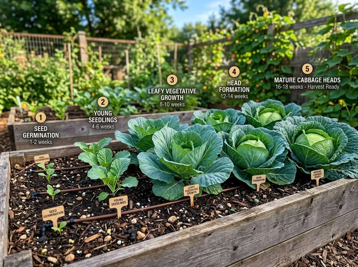 Stages of Cabbage Growth from seedling emergence to harvest-ready cabbage in a raised garden bed.