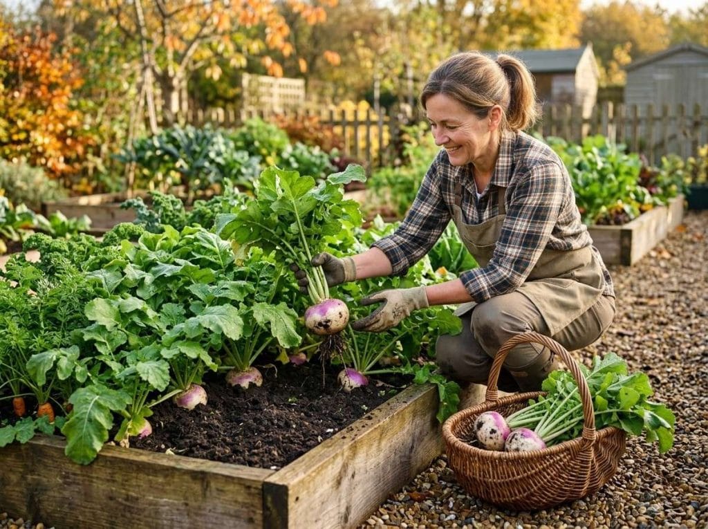When Are Turnips Harvested showing mature turnips ready for picking in a backyard vegetable garden.