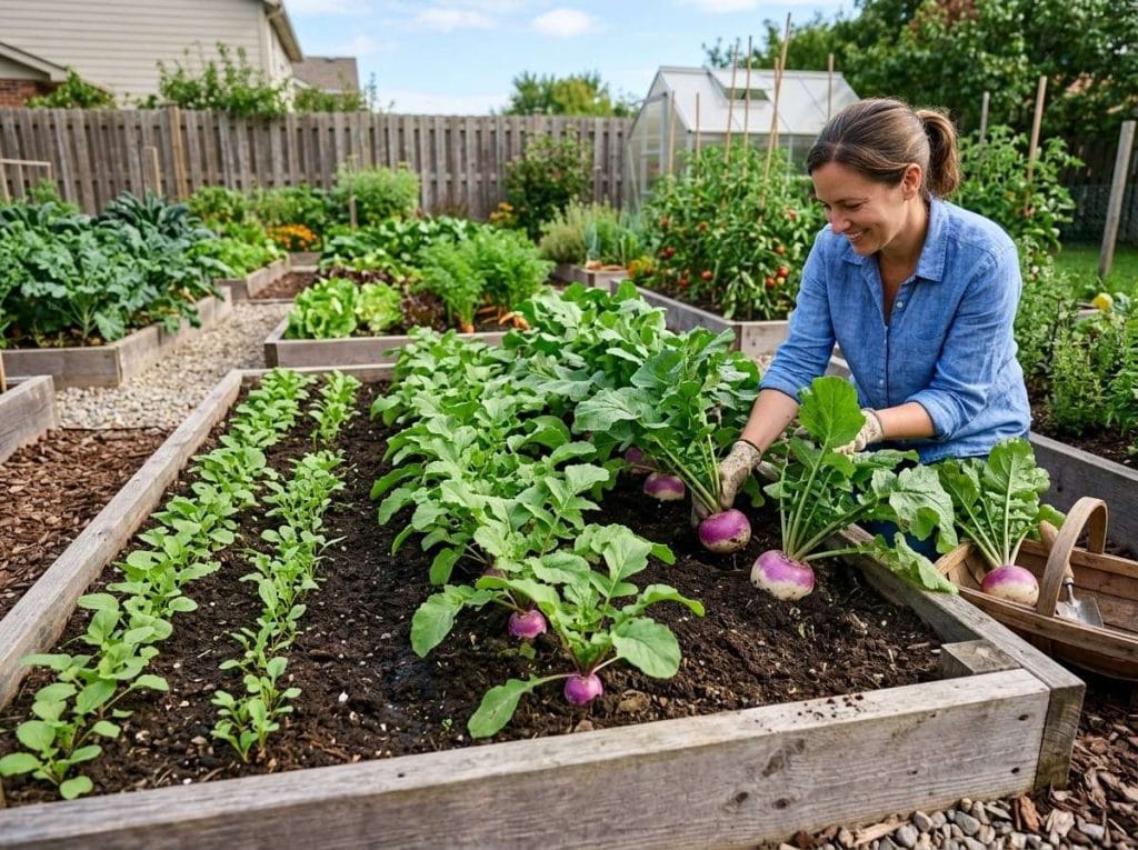 When Are Turnips Harvested with healthy turnip roots growing in fertile, well-drained soil under full sun.