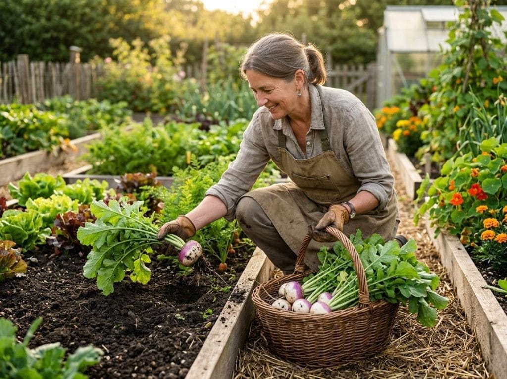 When Are Turnips Harvested by pulling fully grown turnips from the soil at the ideal harvest stage.