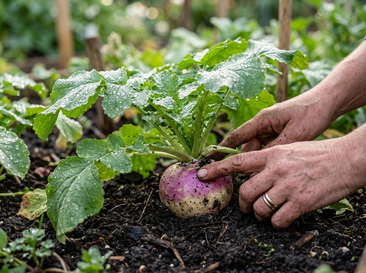 When Are Turnips Harvested in a raised garden bed with fresh turnips ready for harvest.