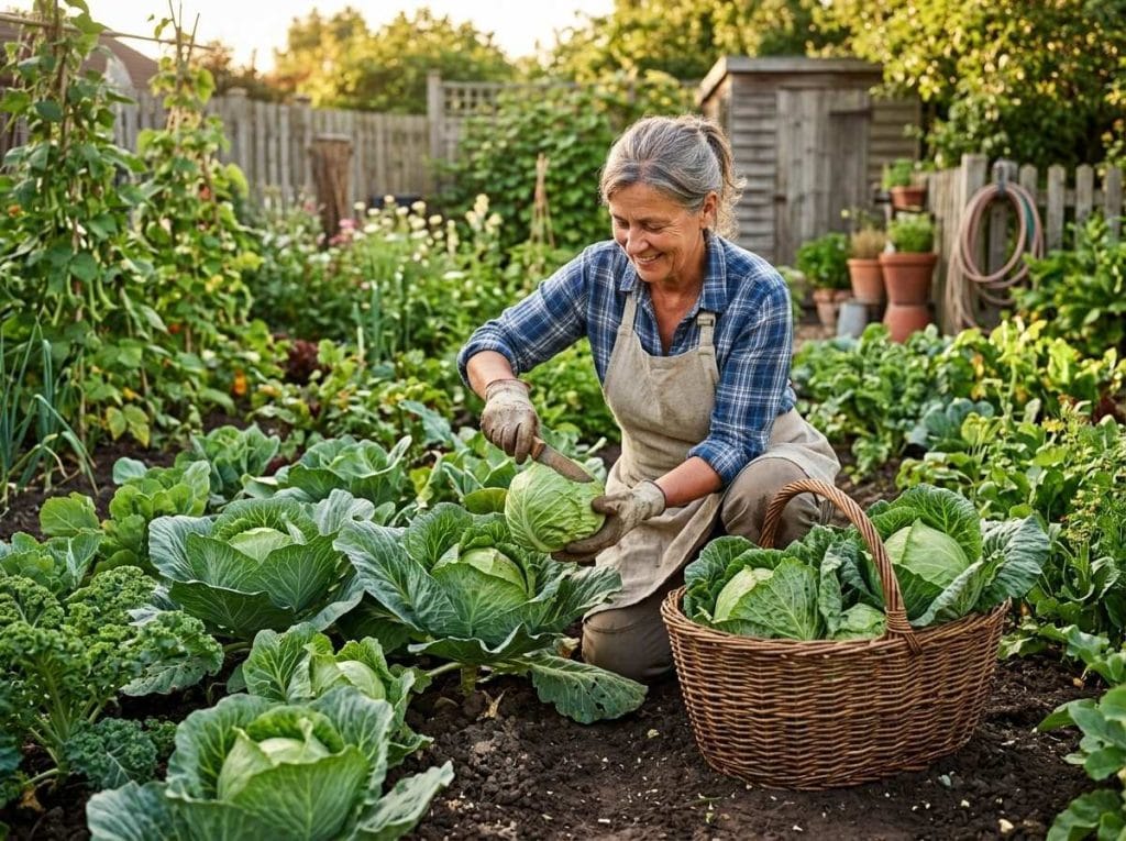 When is Cabbage in Season demonstrating freshly harvested cabbage in a garden bed