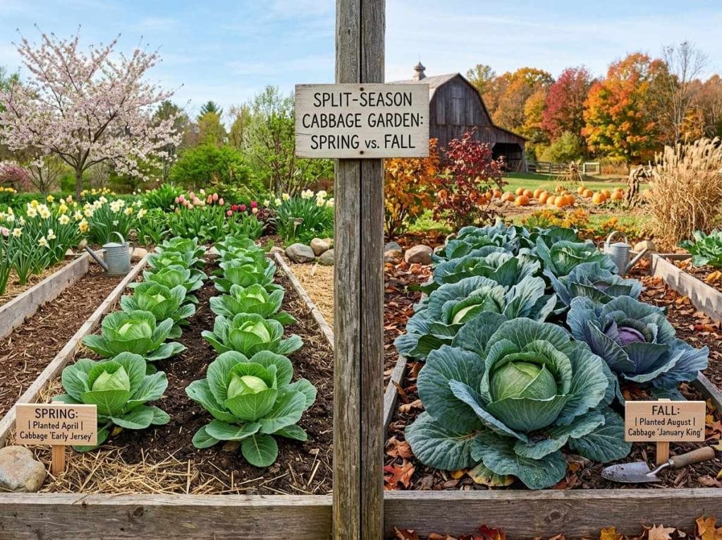 When is Cabbage in Season featuring healthy green cabbage during peak growing conditions