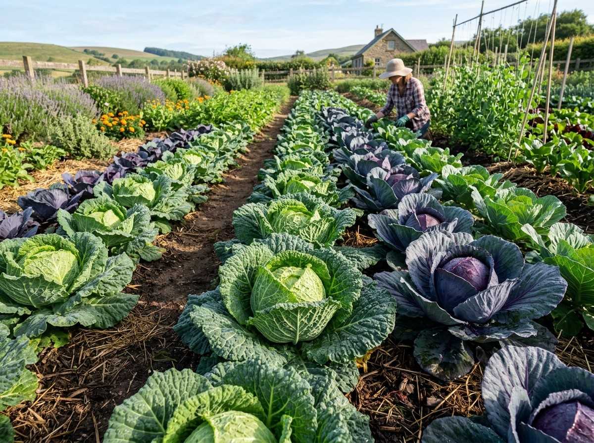 When is Cabbage in Season showing fresh cabbage heads growing in a vegetable garden