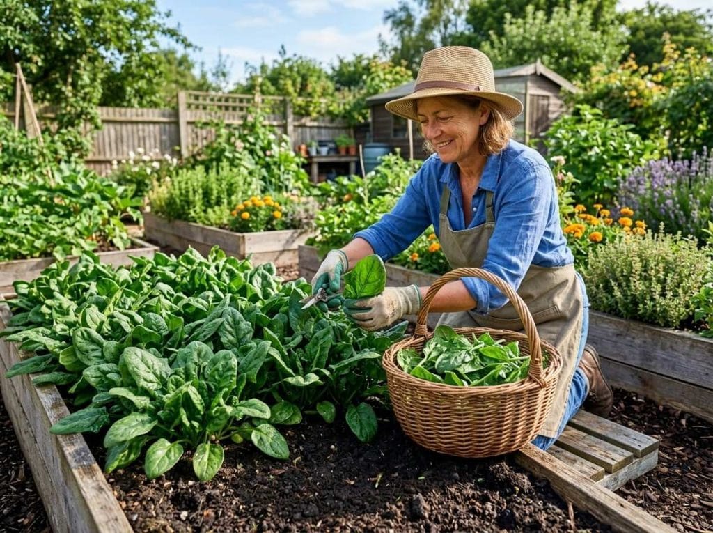 When to Harvest Spinach with healthy green leaves growing in fertile, well-drained garden soil.