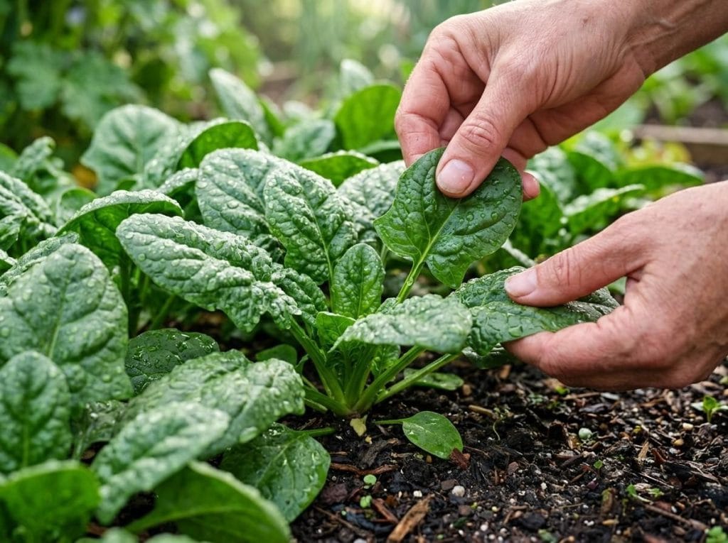 When to Harvest Spinach showing mature spinach leaves ready for picking in a backyard vegetable garden.